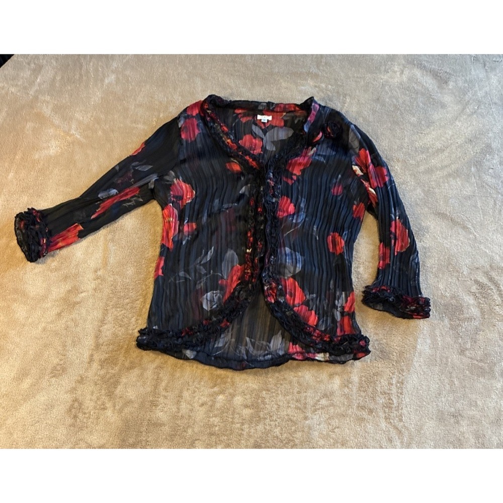 VTG Women's Top Small Black Y2K Pleated Sheer Ruffle Cardigan Whimsigoth Indie